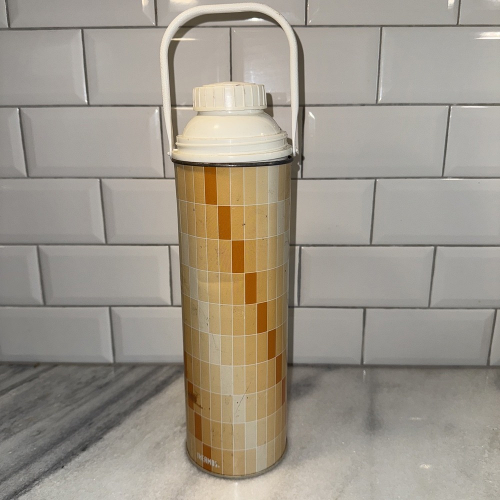 Vintage Lunchbox Thermos 1970s Orange Retro Geometric‎ King Seeley 14" w Handle